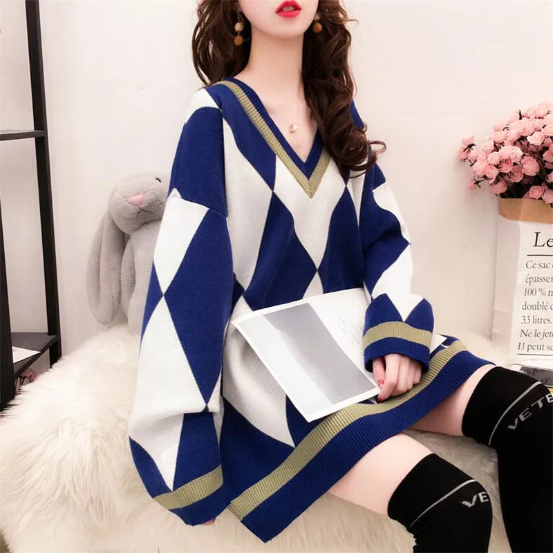 

Women's Sweaters Pull V-neck Loose Full Sleeve Diamond Plaid Sweater Female Women's Jacket Winter Casual Sweater Jumper Top