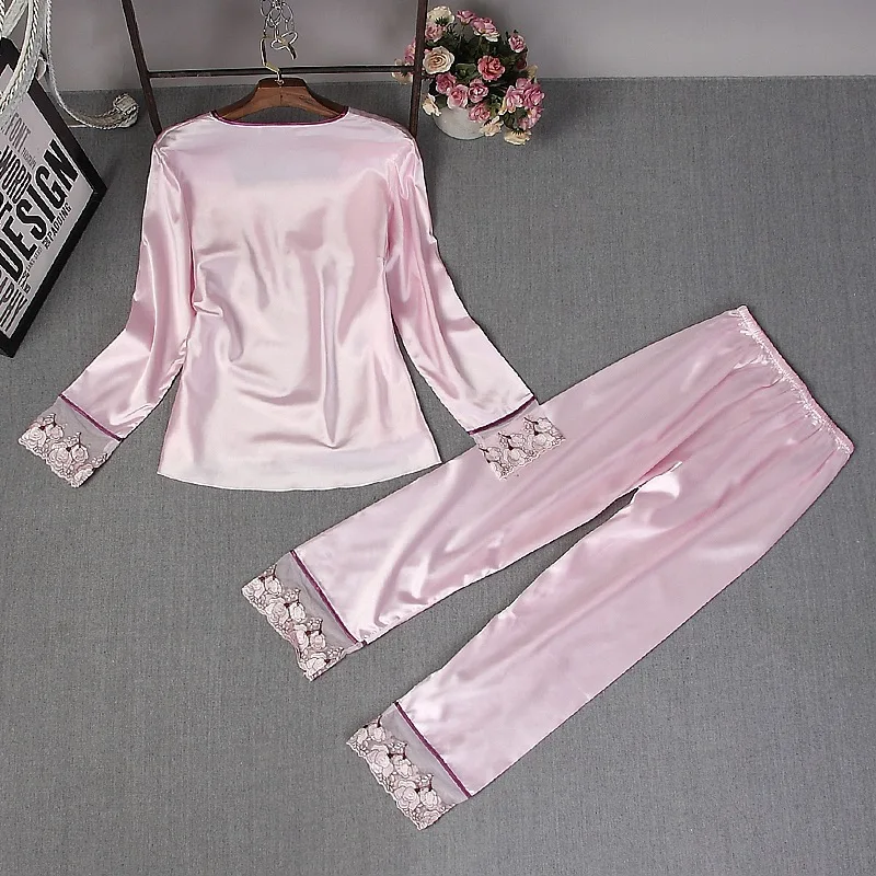 2021 New Women's Pajamas Sets Silk Home Wear Fashion Lace Nightwear Long Sleeve Trousers Nightgown Suit Sleepwear Slash Neck