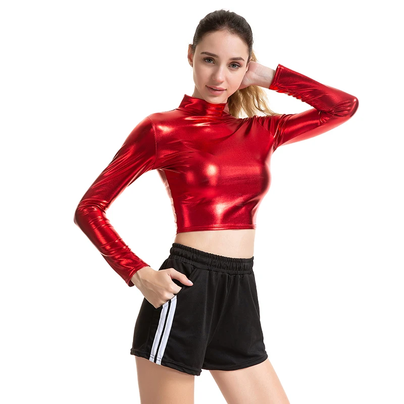 

XCKNY Long sleeve women's wear tight height collar lacquer sexy color long sleeve super short top Base coat