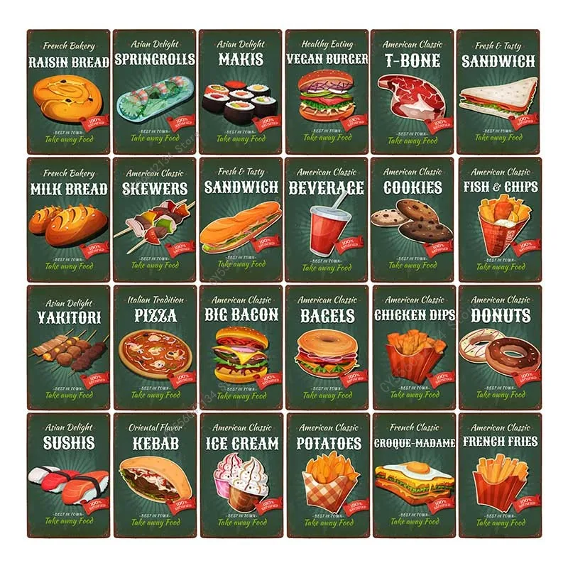 

Fast Food Poster Burger Retro Signs Metal Vintage Plaque Wall Pub Bar Kitchen French Fries Plate Home Decor 20x30cm