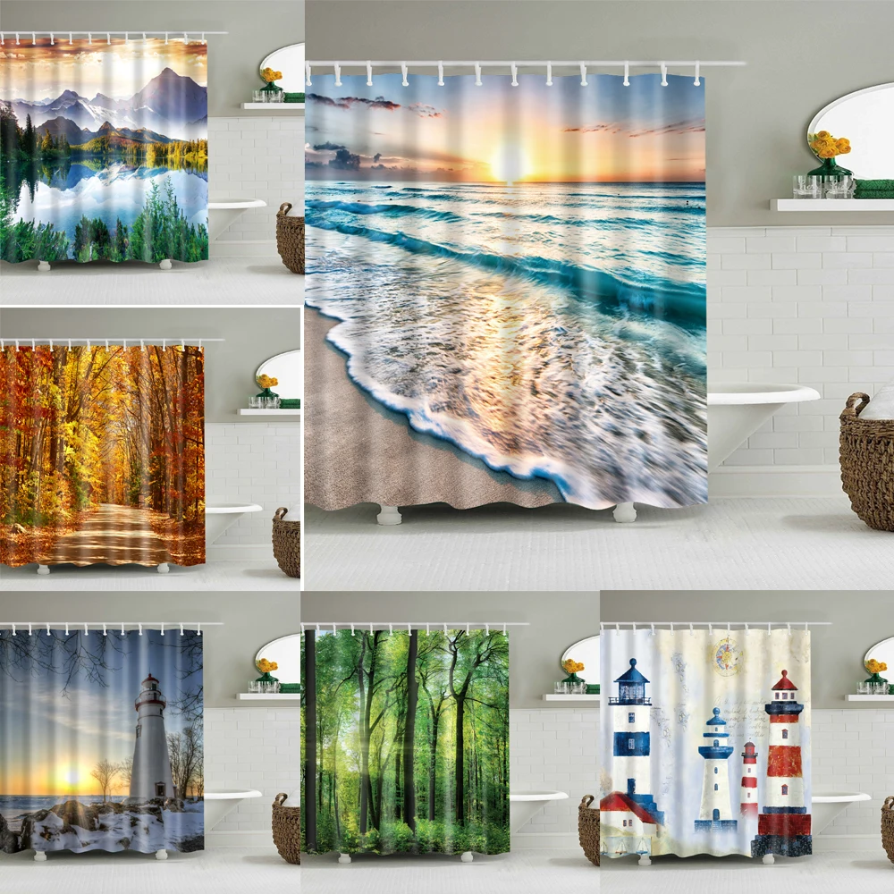

New Beach Trees Scenery Print Shower Curtain Waterproof Bathroom Curtains with 10 Hooks Home Decor Bath Curtains for Bathroom