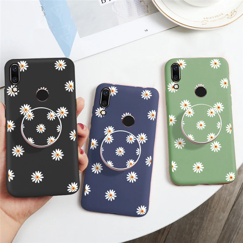 

Daisy Flower TPU Stand Holder Strap Rope Case for huawei y5 y6 y7 y9 prime 2019 2018 Matte Silicone Cover Soft TPU