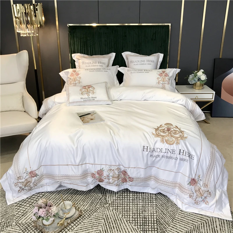 

Luxury Royal Flower Embroidery Embroidery Satin Silk Cotton Bedding Set Double Duvet Cover Set Bed Linen Fitted Sheet Pillowcase