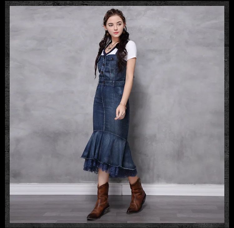 

Dress women 2020 Summer New Lace Slim Fishtail Cotton Retro Stitching Strap Dress Ruffled Denim Fabric Bodycon Dress Vestidos