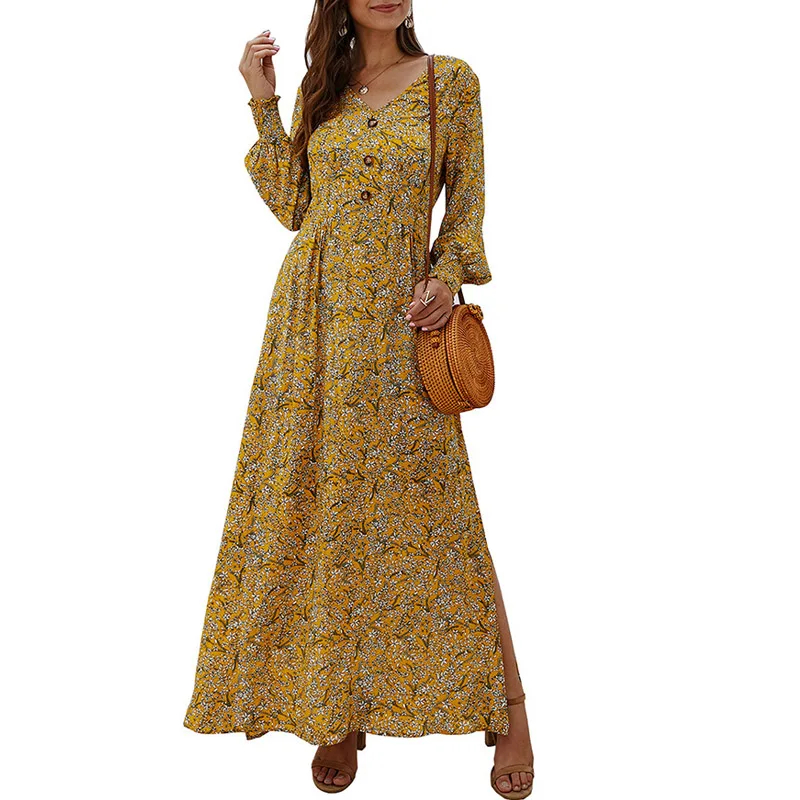 

Spring Floral Flower Print Women Dresses Boho V neck Button Long Dress Girl Lantern Sleeve Chiffon Maxi Dresses 2021 Yellow