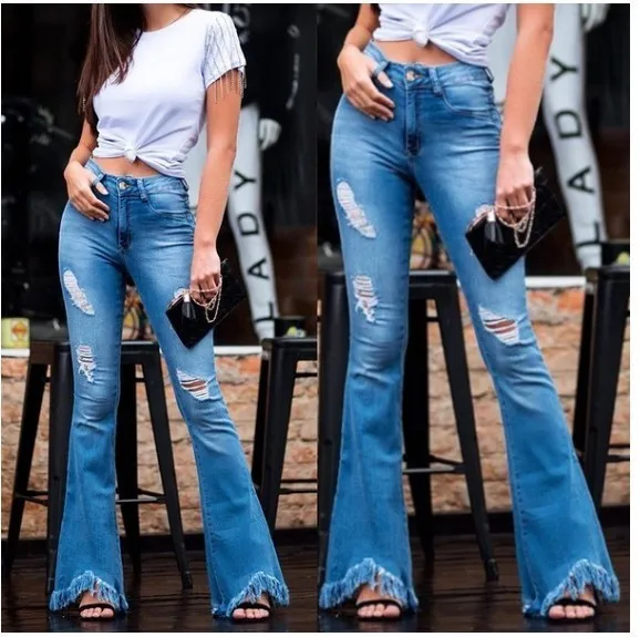 

Women Flared Jean Pants Ripped Holes Skinny Wide Leg Denim Trousers Woman Elastic Jeans Pata Ancha Female Bell Bottom Pant 2019