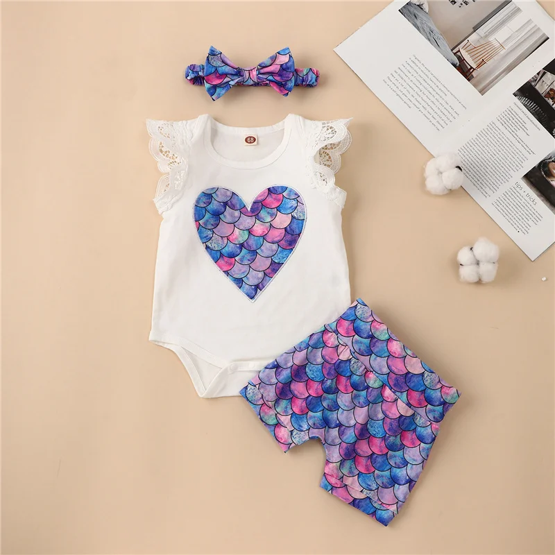 

3pcs Toddler Girl Infant Cotton Outfits, Fish Scale/Floral Bird Print Sleeveless Casual Romper + Short Pants + Bow-knot Headband