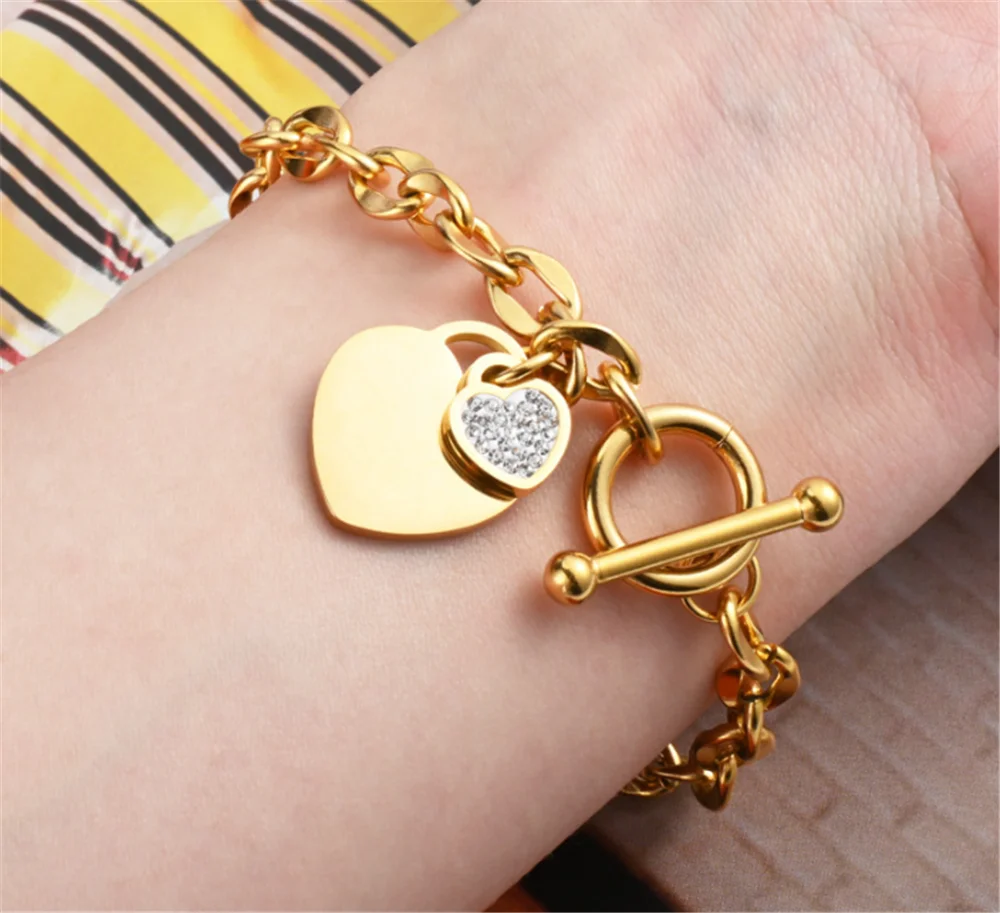 

316L Stainless Steel Elegant Love Heart Inlaid Temperament OT Buckle Workplace Ladies Bracelet Fashion Jewelry