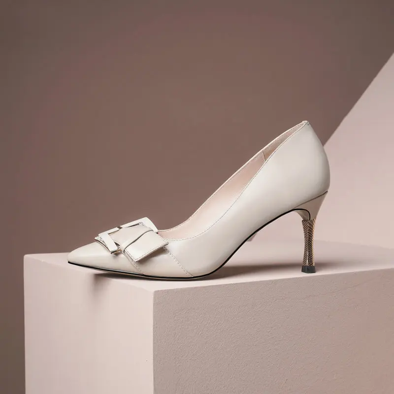 

Genuine leather office ladies shoes metal buckle brand high heels party women shoes high quality women pumps women heels