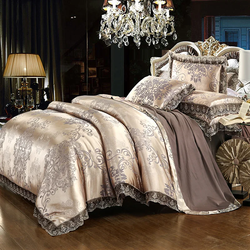 

New Satin Jacquard Luxury Euro Bedding Set Soft Silky Lace Single Double Duvet Cover Set Include Pillowcases 3Pcs Bedclothes