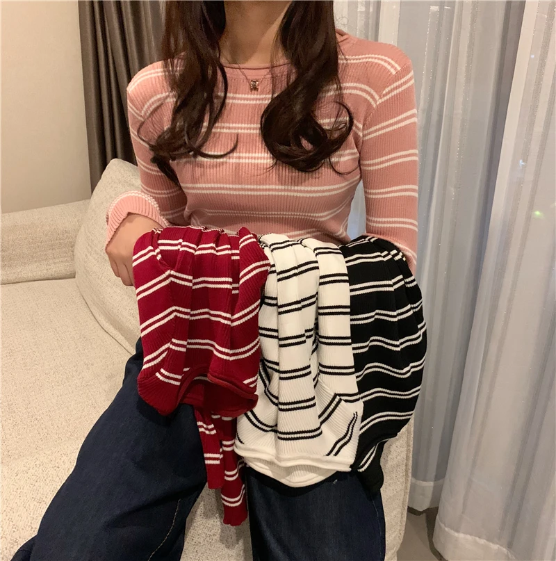 Women Long Sleeve Fashion Striped Sweaters O Neck Bottoming Slim Sweater Female Casual Pullover Tops |