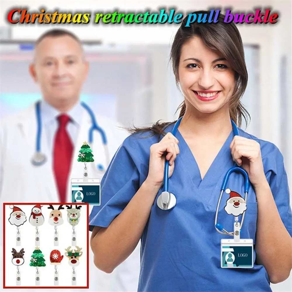 

1 Pcs Christmas Badge Holder Adjustable Retractable Badge Reel Clip Cute Elk Santa Claus ID Card Chain Clip Funny Gifts