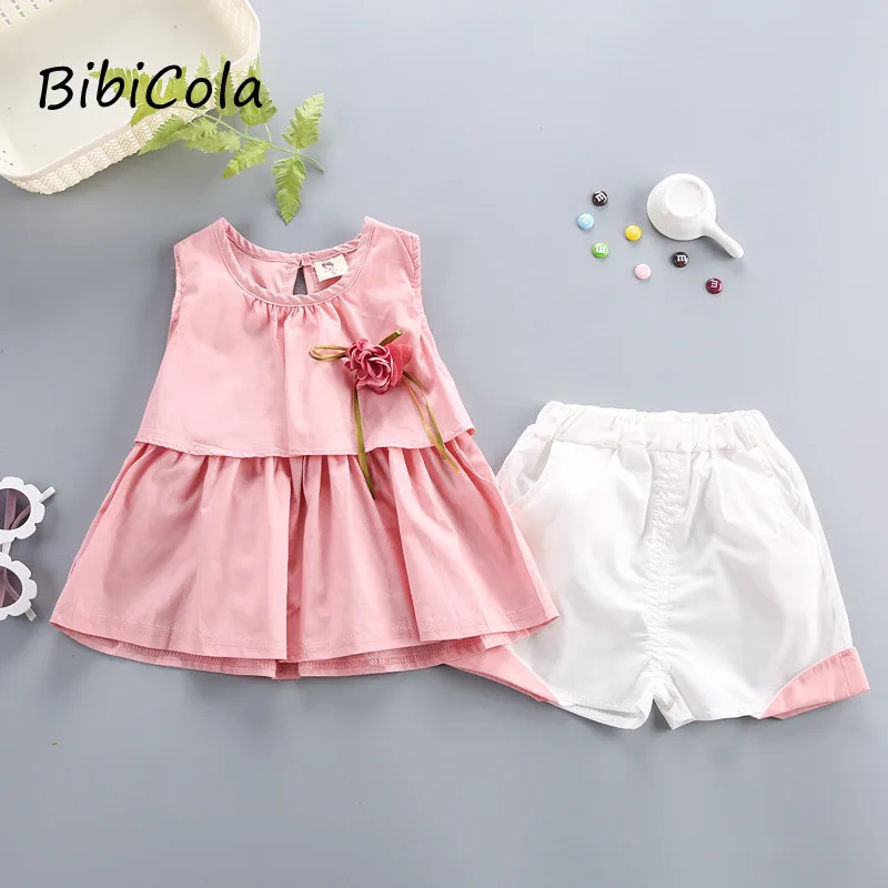 Летний комплект одежды для маленьких девочек BibiCola хлопковая рубашка без рукавов