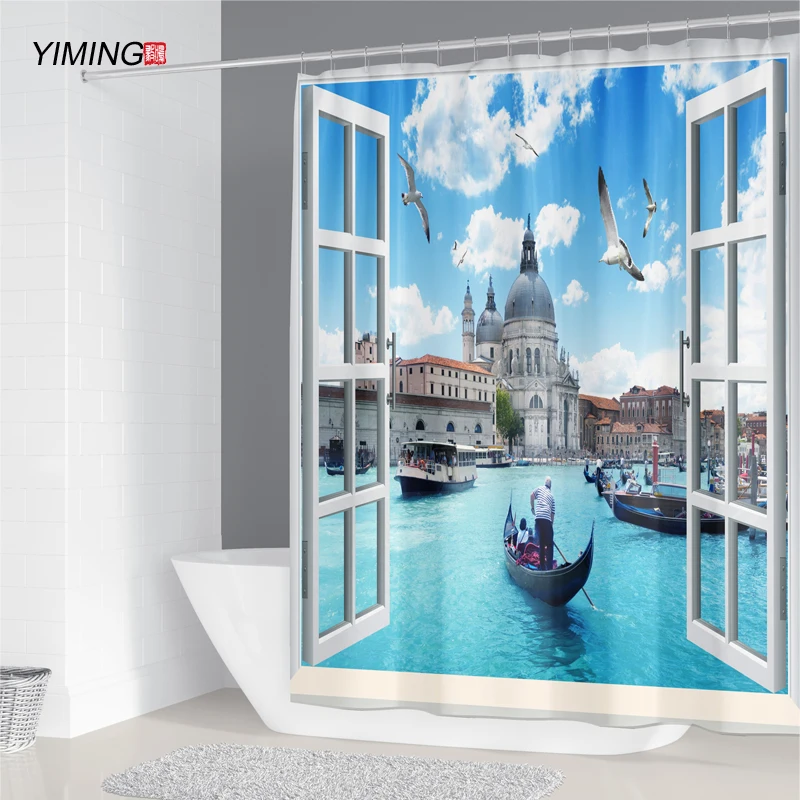 Открытые окна чтобы увидеть приморский пляж с принтом в виде пейзажа полиэстер