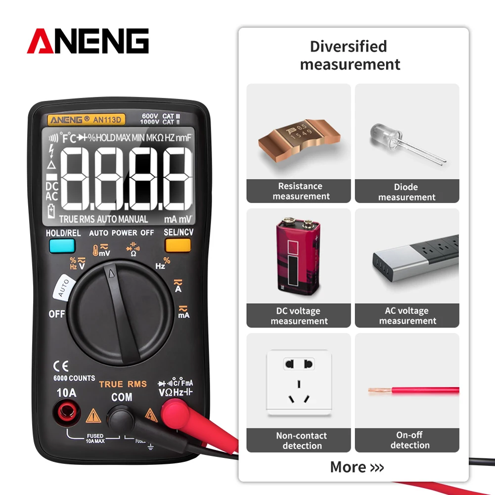 AN113D Digital Multimeter 6000 Counts Electrical Transistor Tester Temperature Auto Ranging AC/DC Voltage Meter for Electrician
