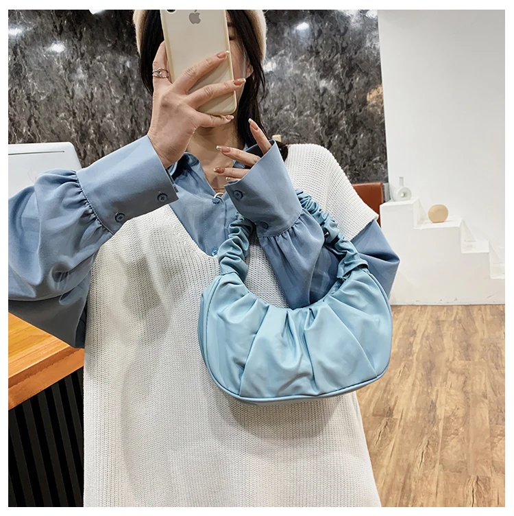 

Solid Color PU Leather Women Underarm Bag Simple Female Pleated Strap Shoulder Bags Ladies Small Portable Handbags Clutch Purses