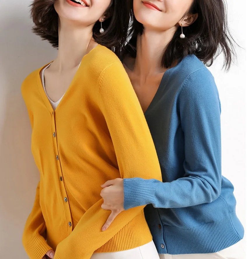 Осень 2019 вязаный кардиган женские кашемировые свитера с v-образным вырезом