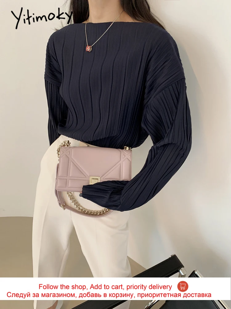 

Yitimoky Long Sleeve Top Women Shirts Blouses Korean Fashion Clothes Loose Casual Shirts Folds O-Neck Spring 2021 New