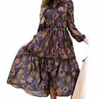 Женское винтажное платье-рубашка с цветочным принтом, V-образным вырезом и длинным рукавом