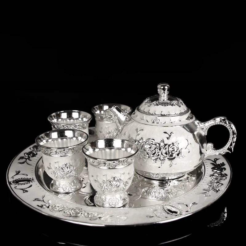 European Creative Exquisite Carving Tea Set Rose Kung Fu Zinc Alloy Teacup and Wine Cup with Tray Tea Pot and Cup Set