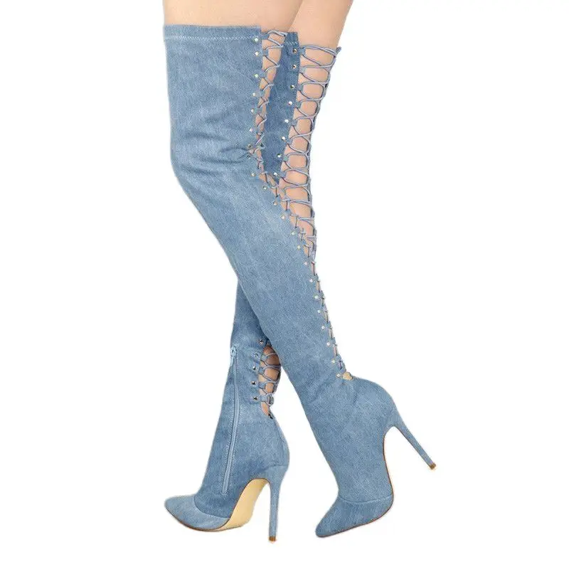 

Back Cut Out Lace Up Denim Boots New Fashion Women Over the Knee Pointed Toe High Heel Gladiator Boots Sexy Slim Long Jean Boots