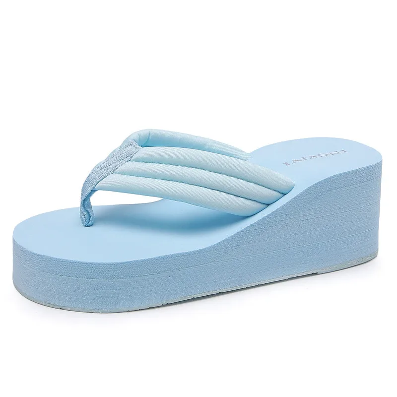 

House Slippers Platform Shoes Slides Rubber Flip Flops On A Wedge Candy Colors Women Heels Med Shale Female Beach Hawaiian High