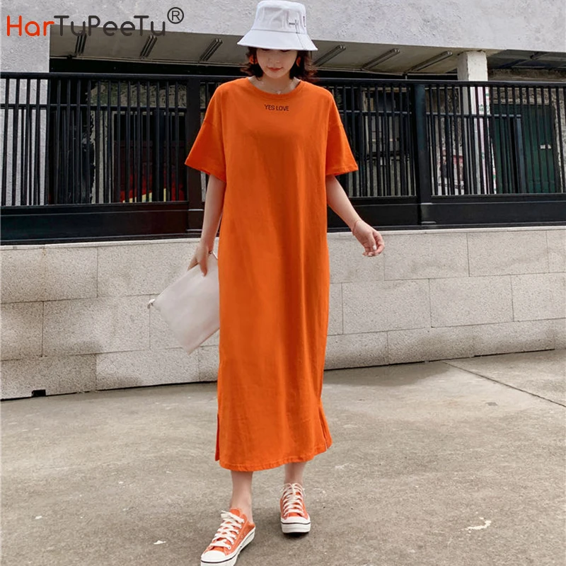 

Women T Shirt Dress Midi Summer 2021 Short Sleeve Long Tees Cotton Blend Oversize Loose Casual Side Split Comfortable Homewear