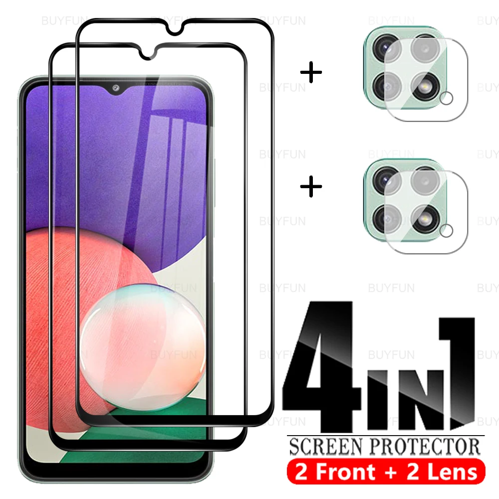 

4in1 Full Cover Protective Glass Case For Samsung A22 A 22 5G Samsun A32 A42 A52 A72 4G 5G A21 21s A12 Camera Lens Protector