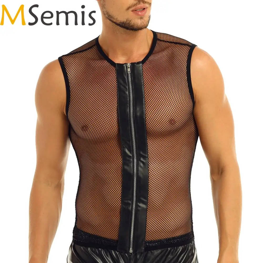 

MSemis Мужская модная сексуальная клубная майка без рукавов, Прозрачная майка в сеточку на молнии, летние топы для вечеринок