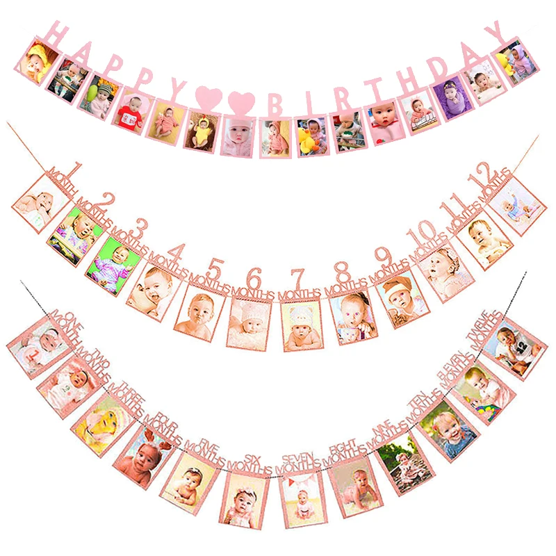 

Happy Birthday Photo Frame Banner for Family First Party Decoration Kids Baby Boy Girl My 1st One Year Supplies 12 Month