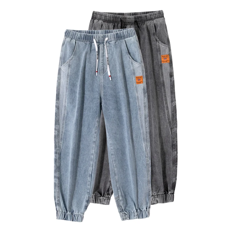 

2021 spring and summer men's jeans cotton denim hip-hop casual hem jogger street clothing fashion trend blue harem pants