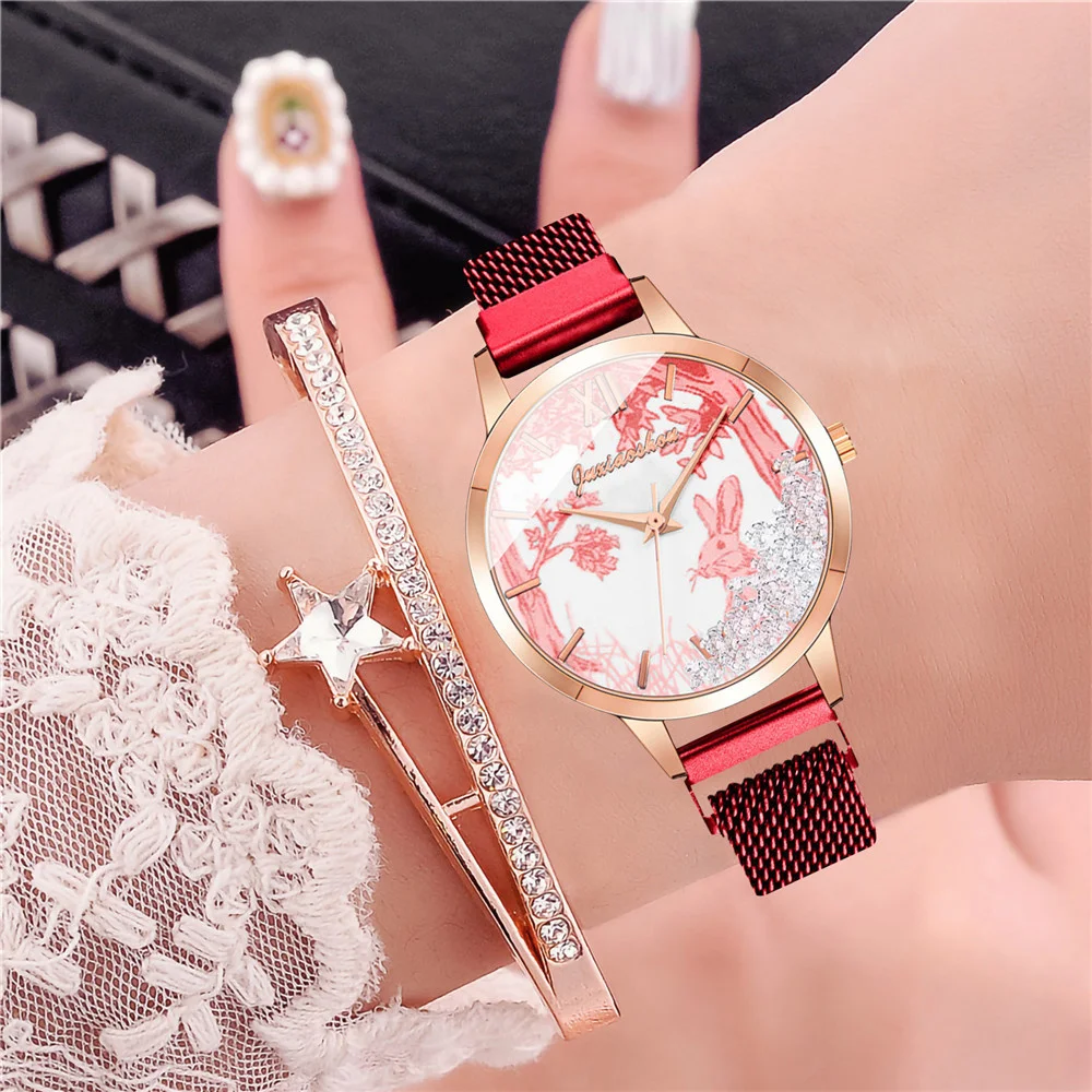 Женская мода перемещение бусины часы кролик с магнитной пряжкой женские