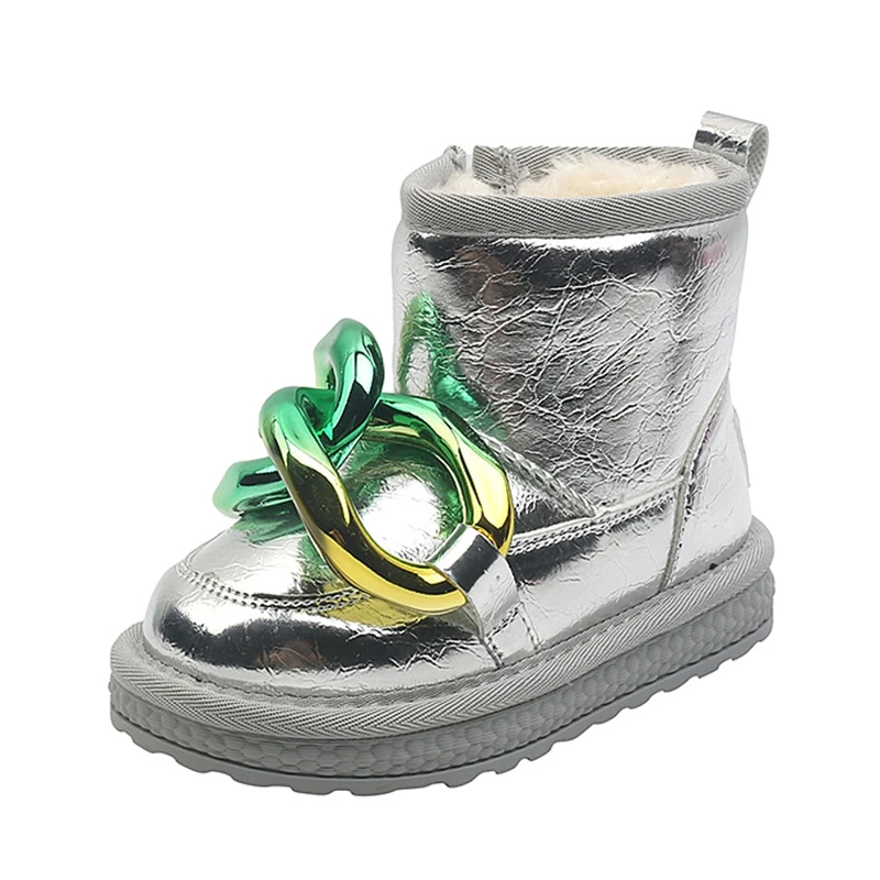

16-18.5cm Boys Girls Fashion Boots With Thicker Plush,Gradient Chain Snow Boots For Toddler,Silver Black Winter Shoes For Baby