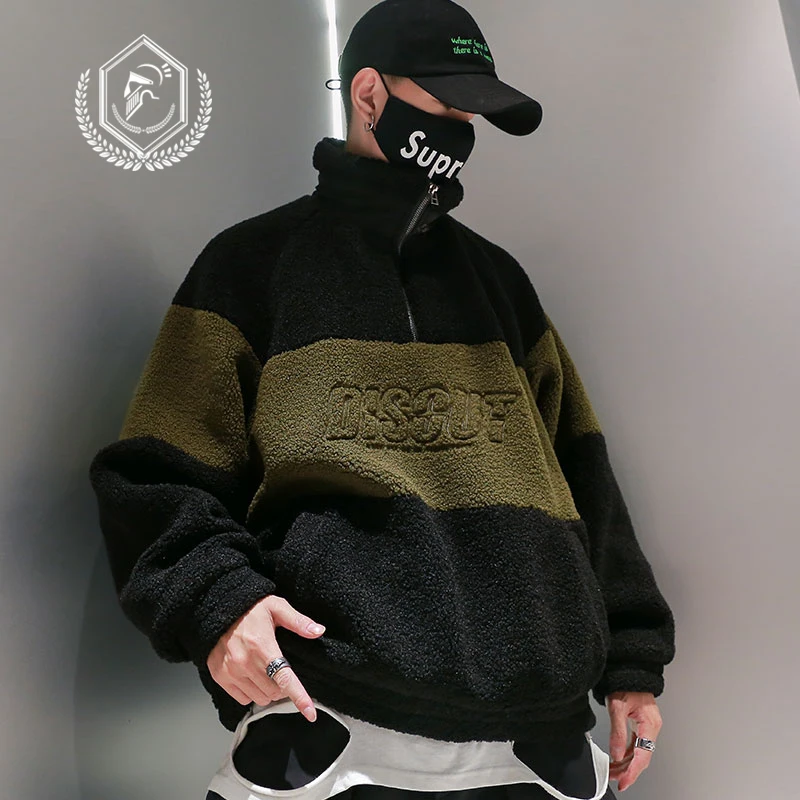 

Men Fashion Loose Fleece Heavyweight Casual Patchwork Hip Hop Sweatshirts