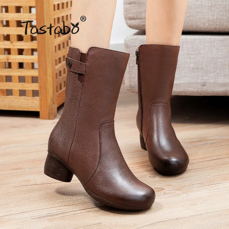 Женские ботинки до середины икры зимняя обувь из натуральной кожи готические