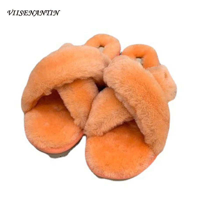 

2021 Autumn Winter Flat Casual Open-toed Wool Slippers All-match Comfortable Lovely Lazy Furry Cross Fashion Cotton Slippers