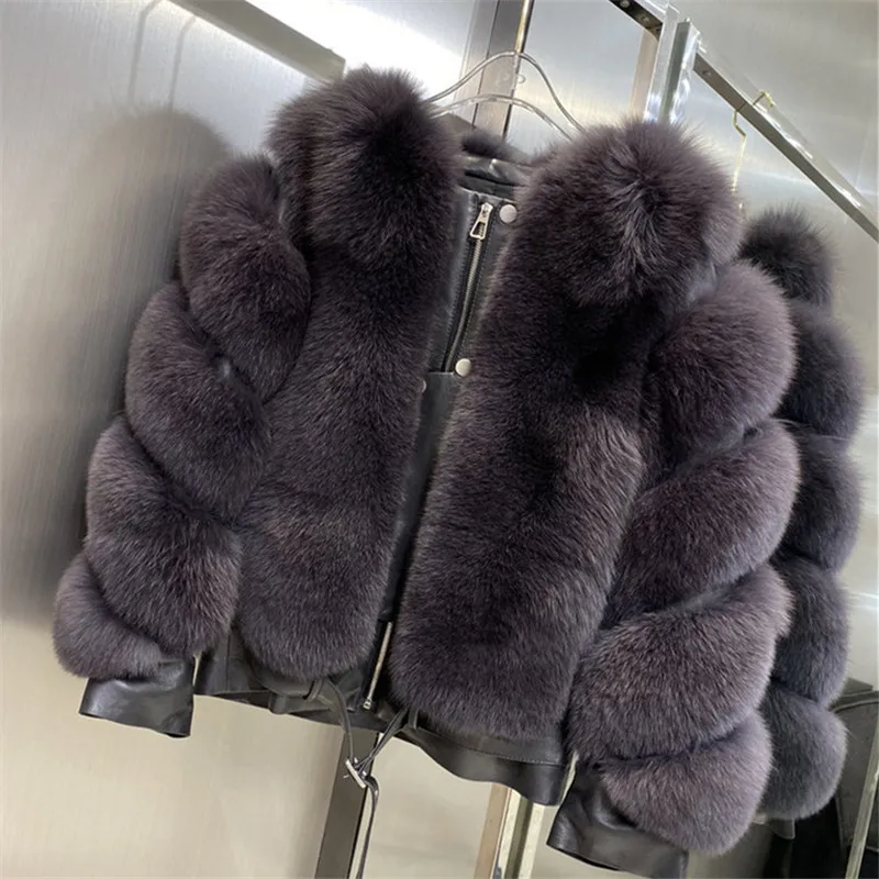 Fashion Luxury Pink Thick Real Fox Fur Coats For Women Full Pelt Genuine Fox Fur Jackets Genuine Leather Woman Winter Overcoat