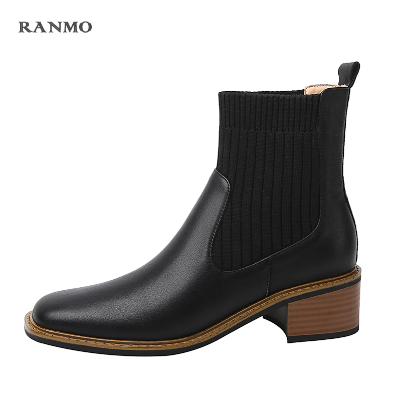 

2021 New Retro Square Toe Knitting Ankle Boots Square Med Heel Women Shoes Autumn Winter Genuine Leather Short Boots Size 34-40