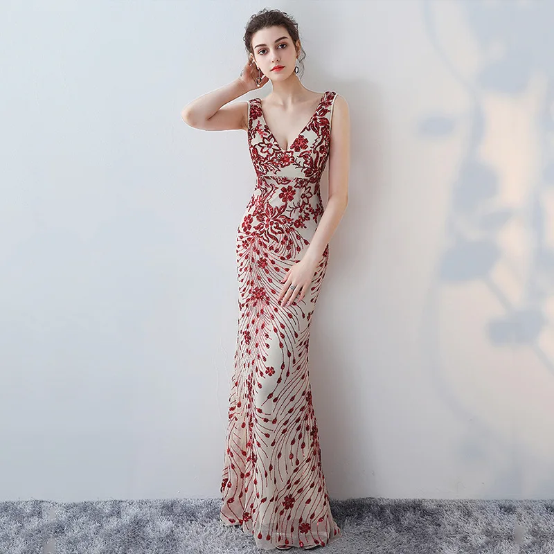 Вечернее платье официальное сексуальное v-образный вырез русалки роскошное с