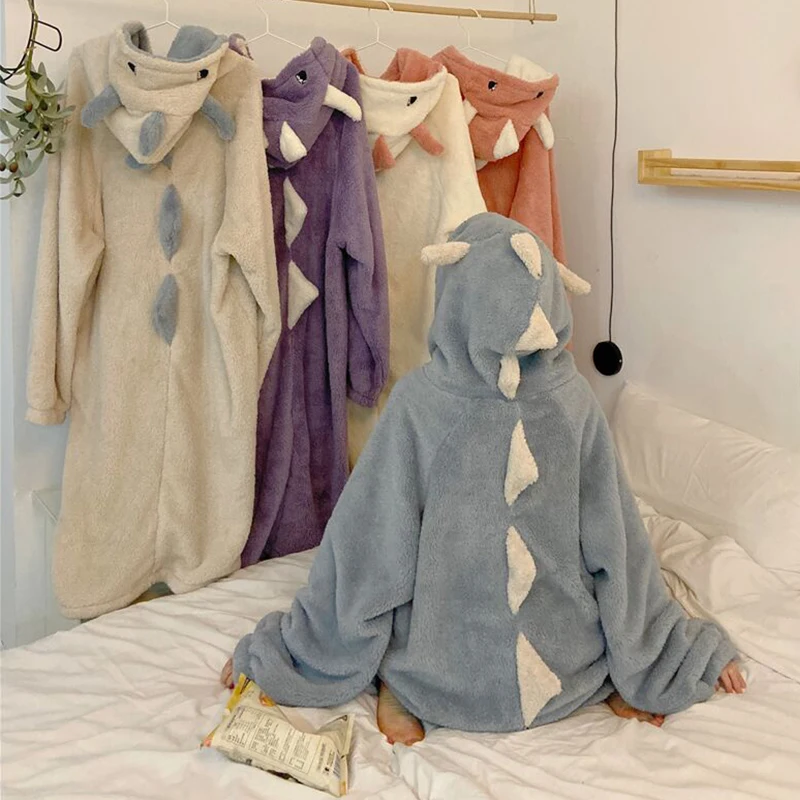 Autumn Winter Women Sweet Warm Lounge Pyjamas Female Cute Pajamas Cartoon Ears Hooded Sleepwear Coral Fleece Lady Home Clothes