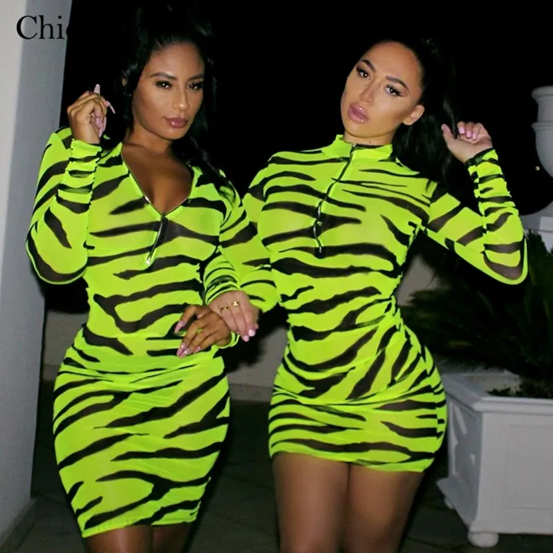 Цикология зебрано принтом принт неоновое облегающее обтяжку мини платье женское