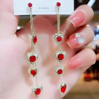 classic long tassel red heart shaped womens earrings 2021 trendy fashion elegant rhinestone pendant pierced earrings jewelry