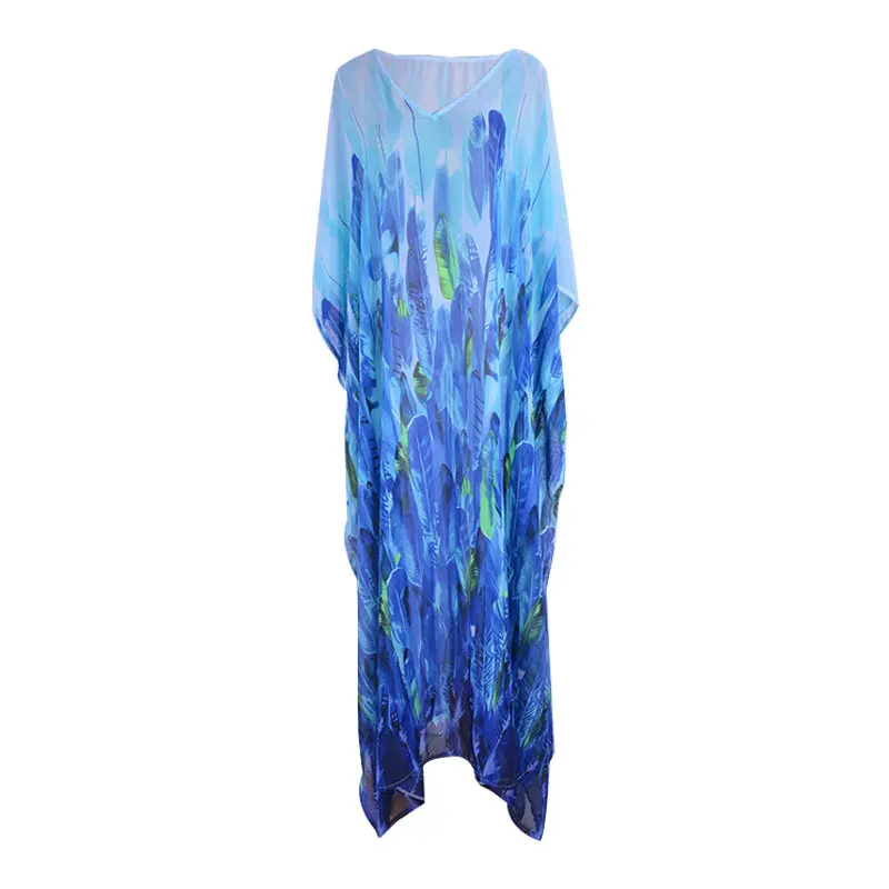 

Swimsuit Summer Beach Dress For Women Plus Leaf Print Sexy Chiffon Maxi Skirt Sunscreen Vacation Casual Outwear Bikini Female