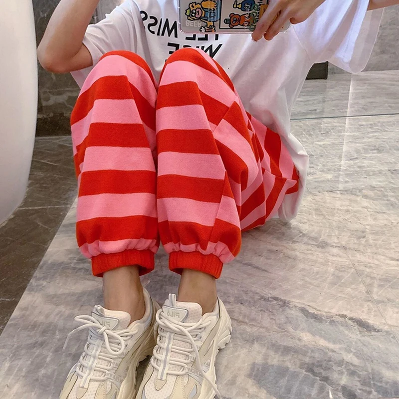 

New Thin Trend Korean Fashion Dongdaemun Red Striped Casual Loose Harem Pants Women Trousers Spring Summer 2021 Women Fashion