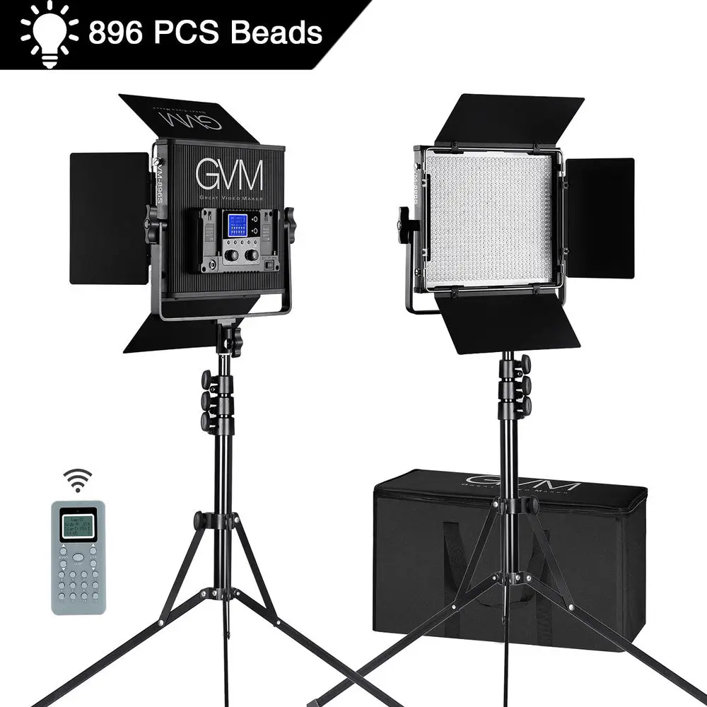 

GVM 896S Bi-Color LED Video Studio Photographic Lighting 2-Light Panel Kit 896 Lamp Beads with Remote Control 4 Memory 6800K 50W