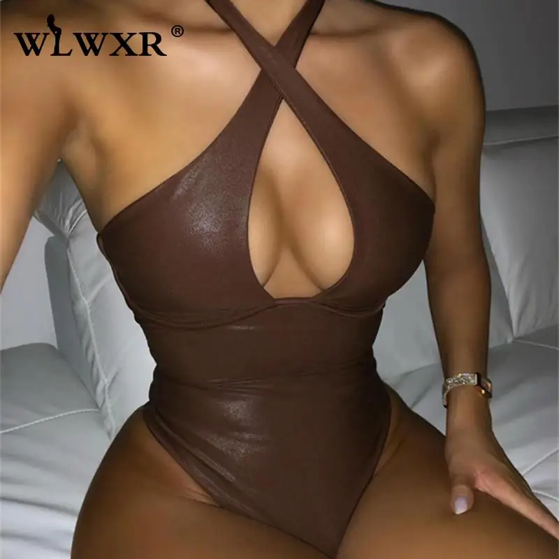 

WLWXR Sexy Black Leather Bodysuits Women Halter Backless Lingerie latex Bodysuit Ladies Brown Hollow Out Corset Bodysuit 2021