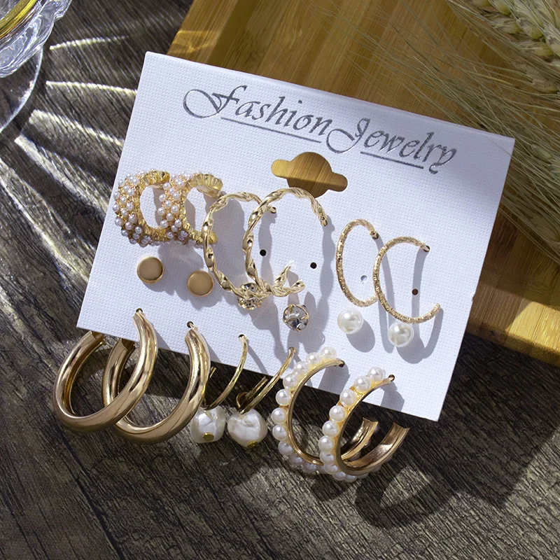 6/9 пар большой обруч комплект жемчужных серег модные золотые металлические
