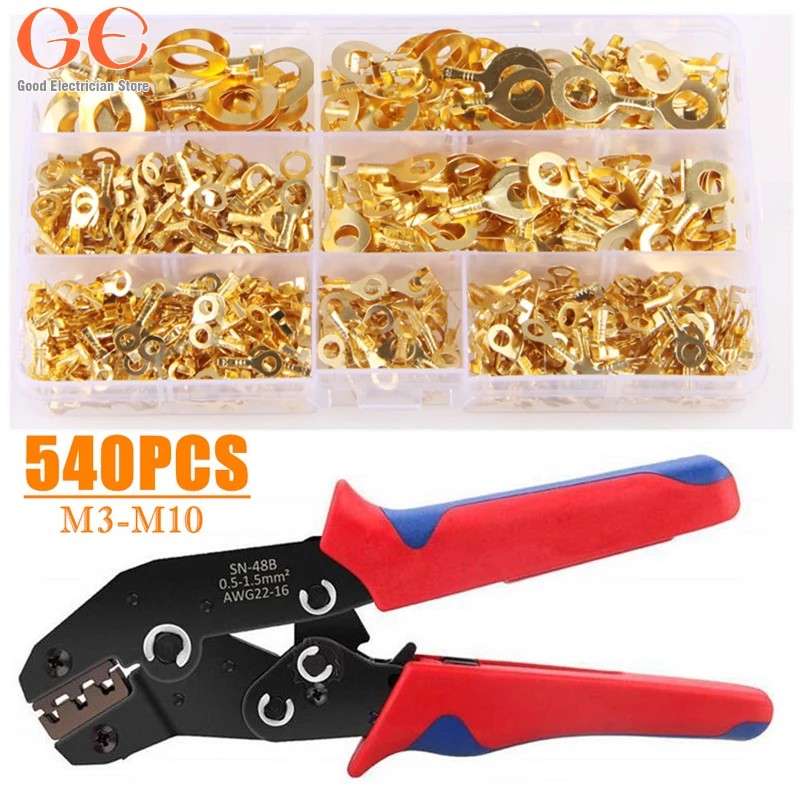 

Обжимные клеммы для электрических проводов, 540 шт., неизолированные кольцевые наконечники, обжимные клещи, набор инструментов