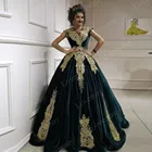 Зеленый бархат Karakou алжирский наряды вечерние платья убирающимся шлейфом V образным вырезом Кепки рукава Аппликации кружево Для женщин Выходные туфли на выпускной бал