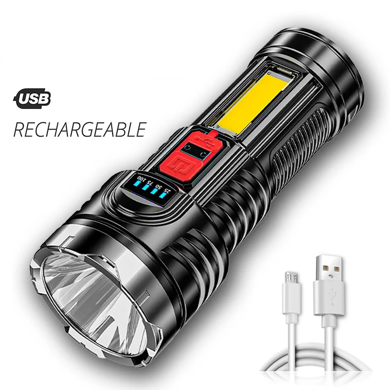

Rechargeable LED Flashlight Powerful Bright Torch XPE+COB High Hard ABS Four Bright Light Modes Outdoor Portable Adventure Light